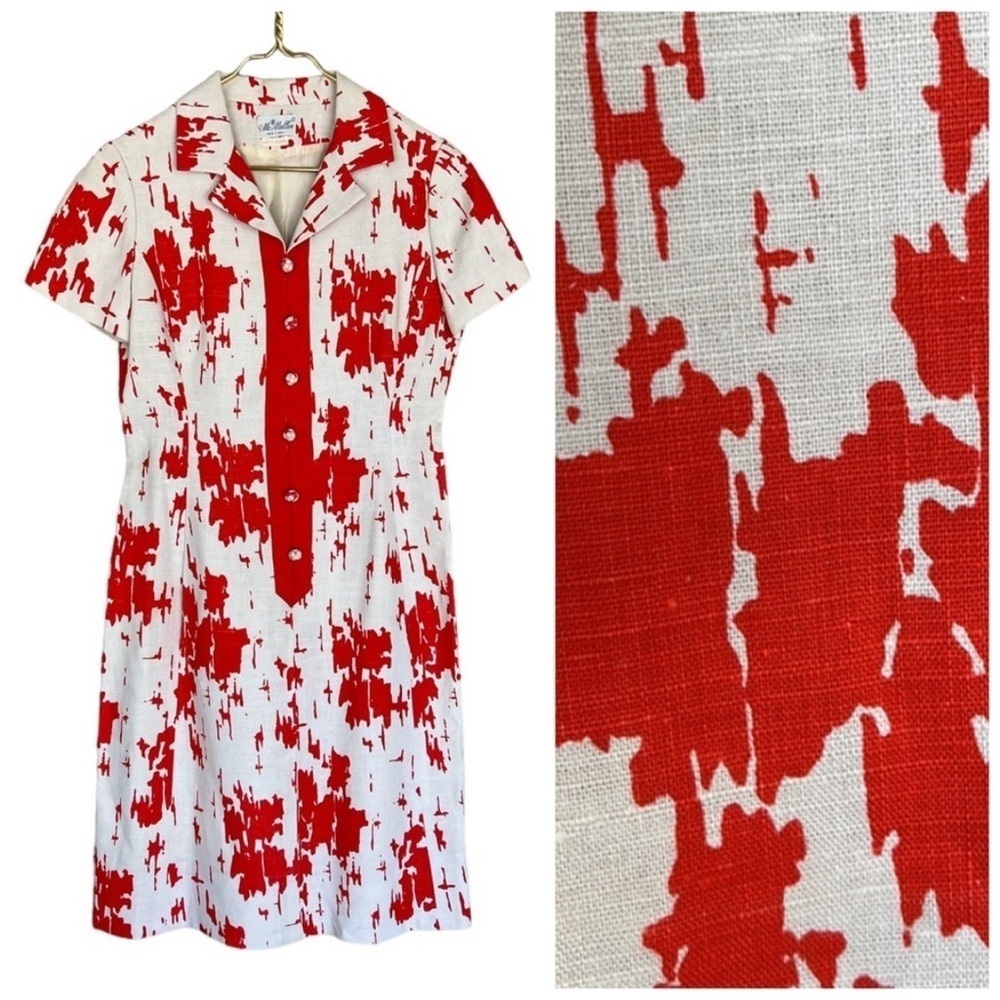 Vintage McMullen Linen Dress Orange-Red Abstract Graphic Print Collared